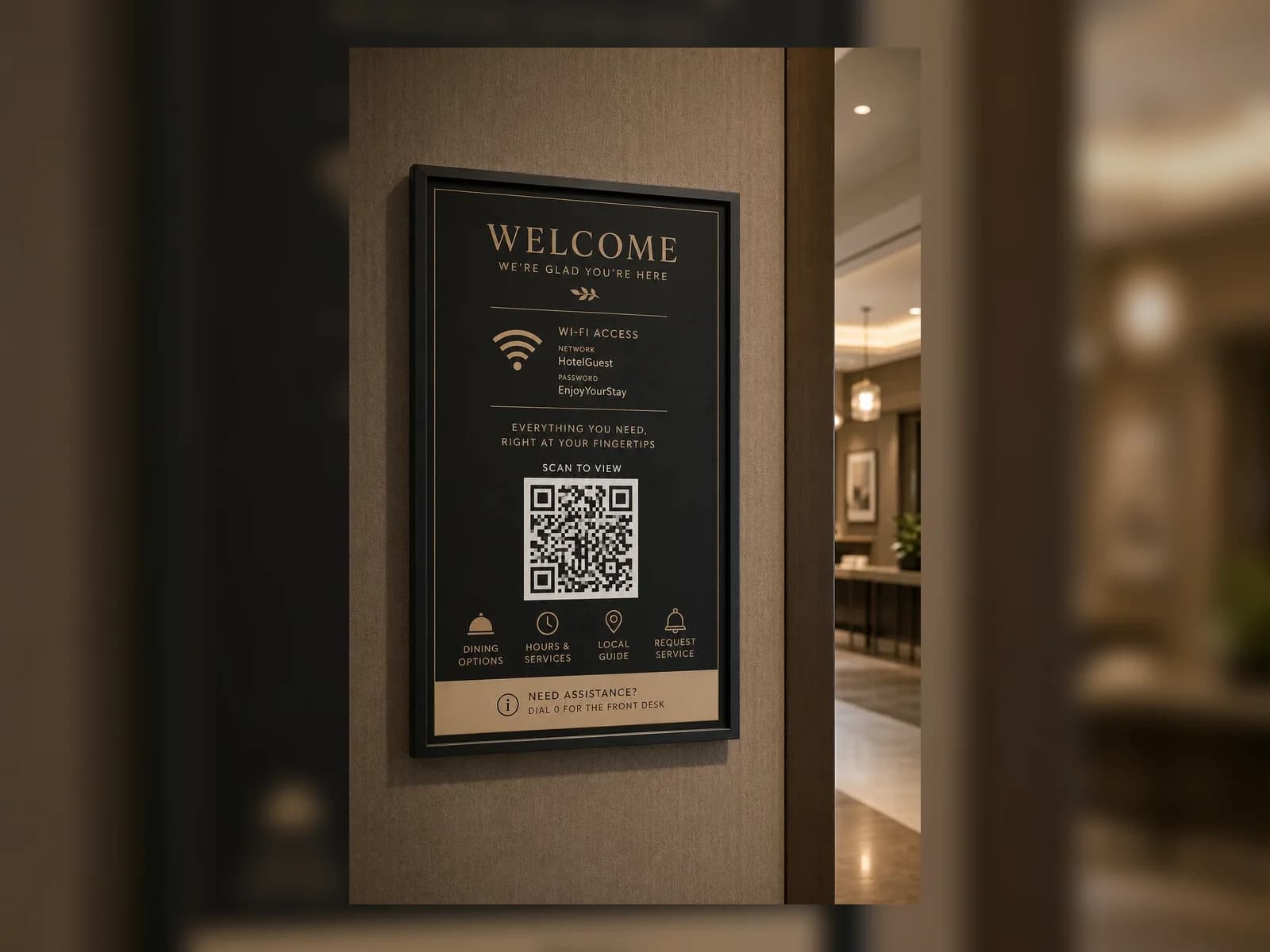 Hotel guest info SCANDATT poster and room touchpoint mockup