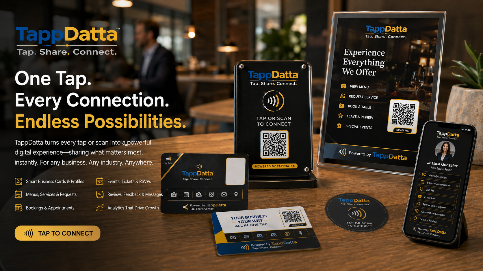 TappDatta smart touchpoints including cards, plaques, posters, and QR products