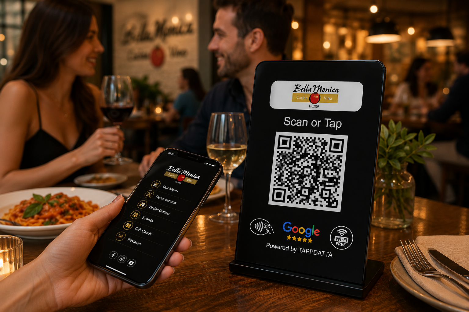 Bella Monica public restaurant landing page on a live table touchpoint