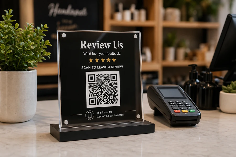 Photorealistic acrylic Google review plaque on a counter for the TappDatt store hero